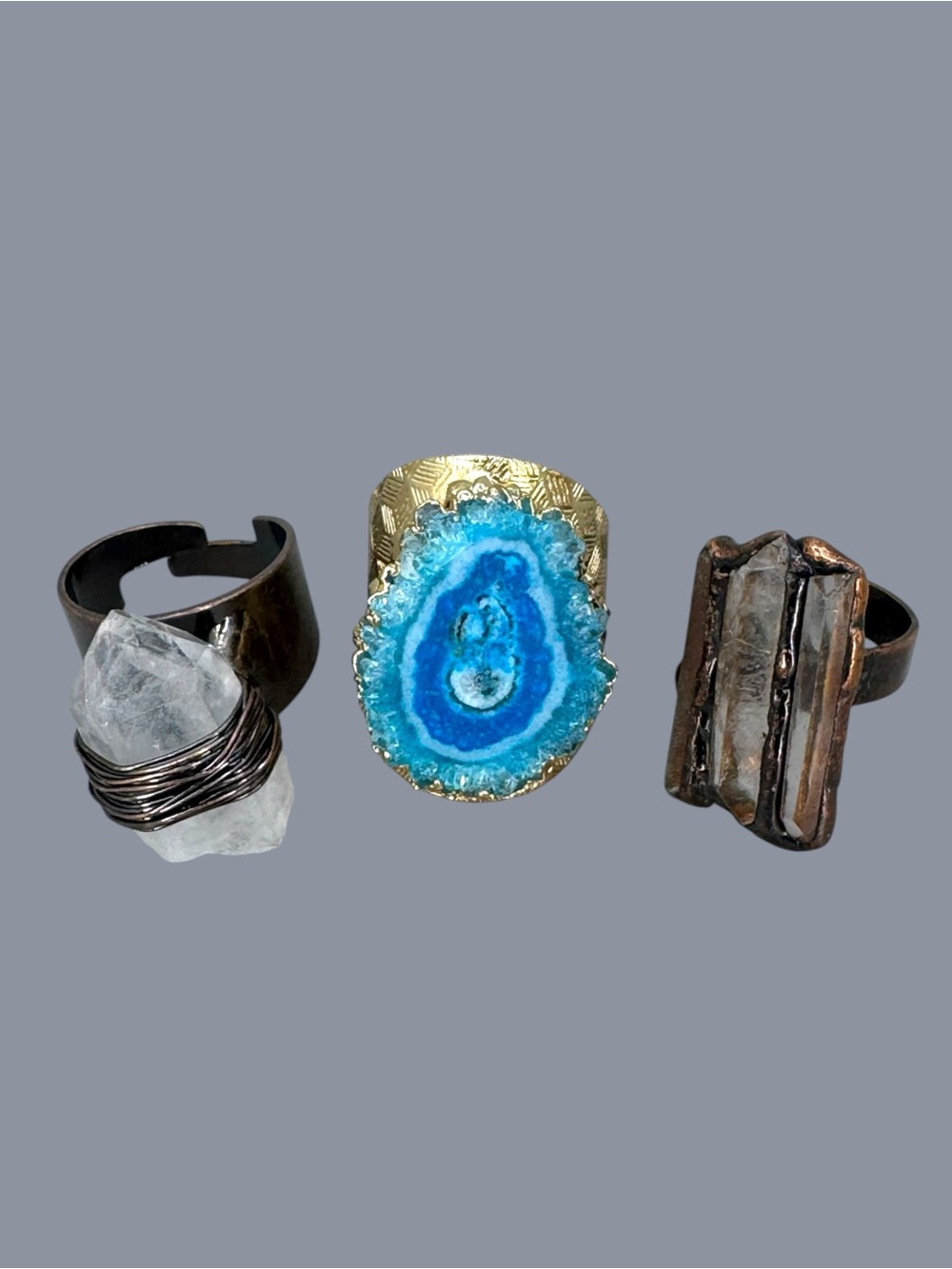 Beautiful set of 3 adjustable statements rings, each featuring a unique natural
